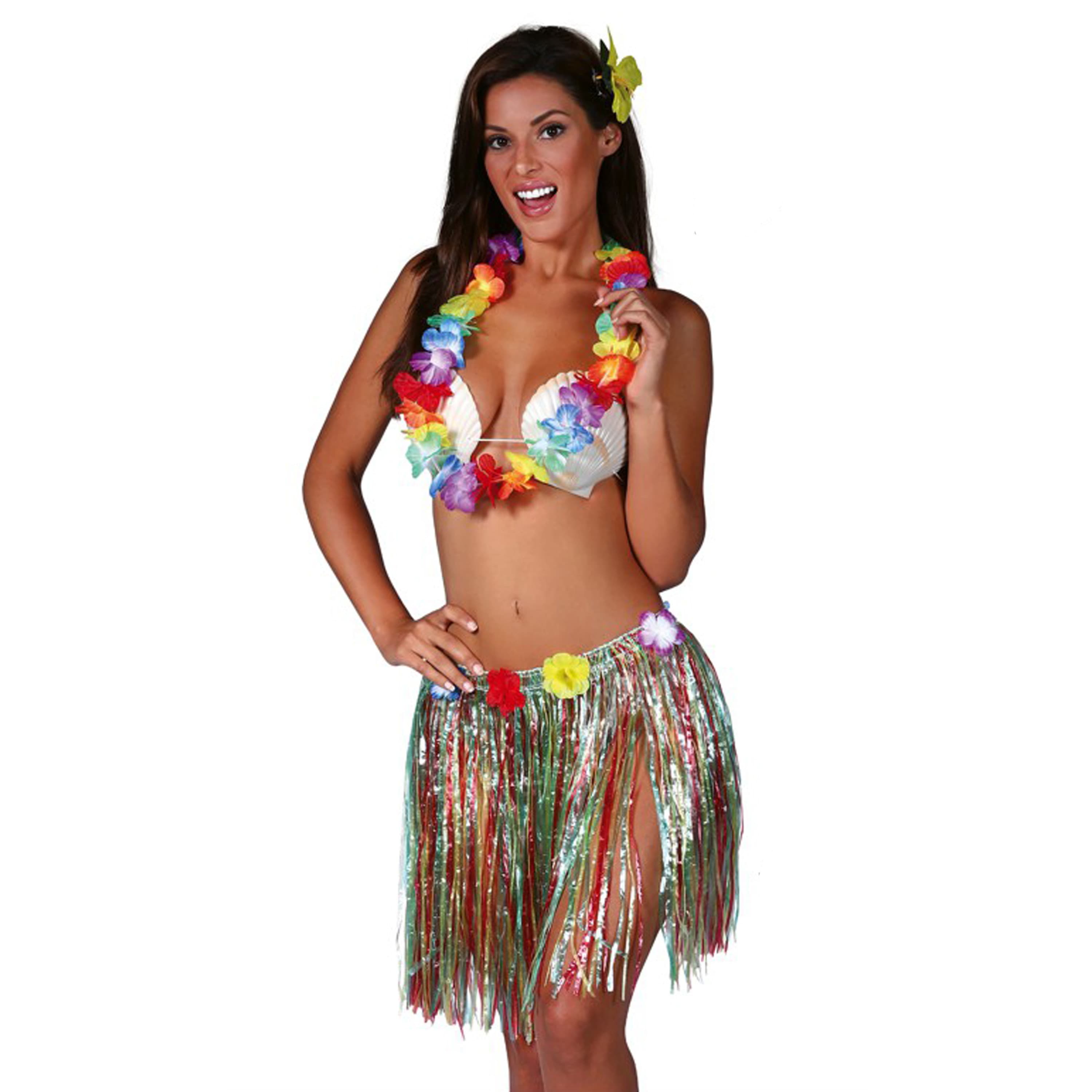 Fiestas Guirca Hawaii verkleed set - volwassenen - multicolour - rieten rok/bloemenkrans/haarclip One size -
