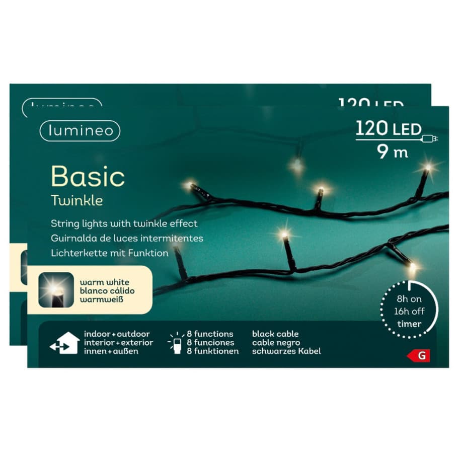 Lumineo Kerstverlichting - 2x - 120 leds - warm wit - 9 m - zwart snoer -