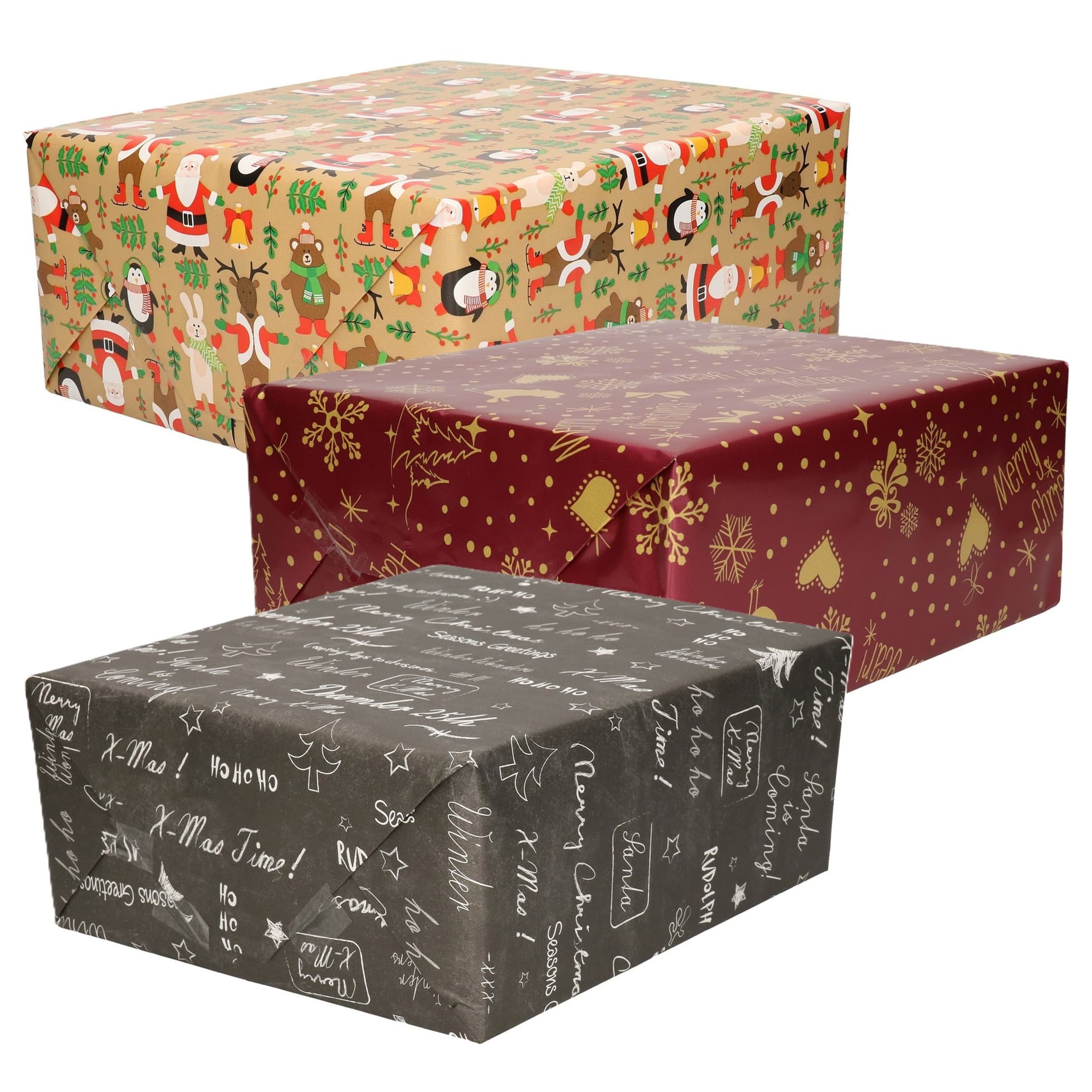 Luxe Kerst cadeaupapier pakket - 3 prints mix - 9x rollen - 250 cm