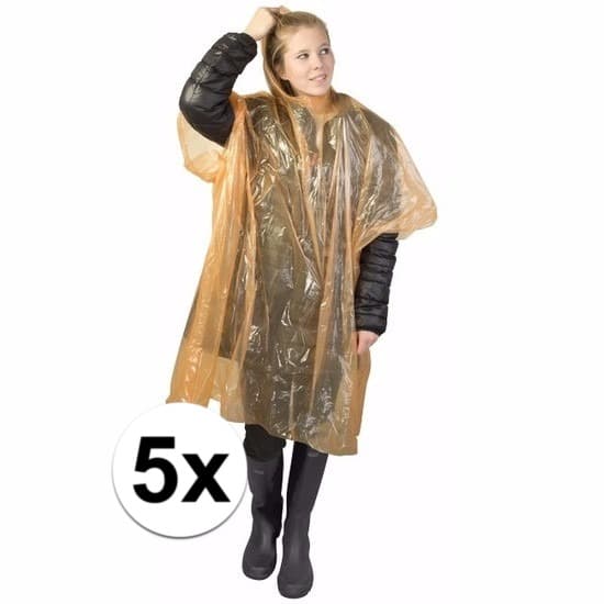 Wegwerp regenponcho - 5x - oranje - volwassenen - noodponcho