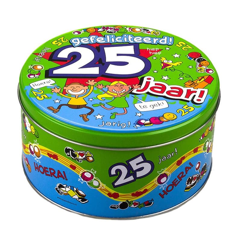 25 jaar snoeptrommel/bewaarblik met grappige tekst - 25e verjaardag - fun cadeau