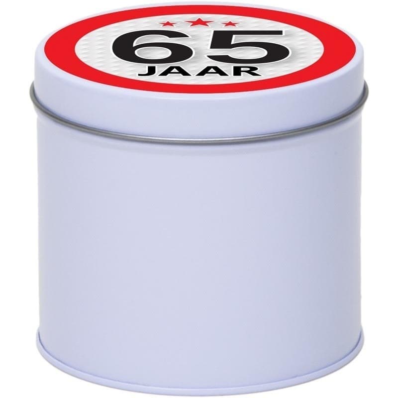 Cadeau koek of snoep blik - met 65 jaar opdruk sticker - 10 x 10 cm - Cadeauverpakking verjaardag