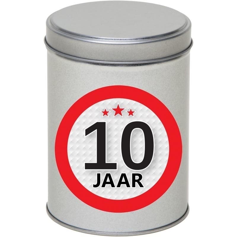 Cadeau Snoepblik - 10 jaar verjaardag - 9 x 13 cm - Cadeauverpakking- metaal - met leeftijd sticker
