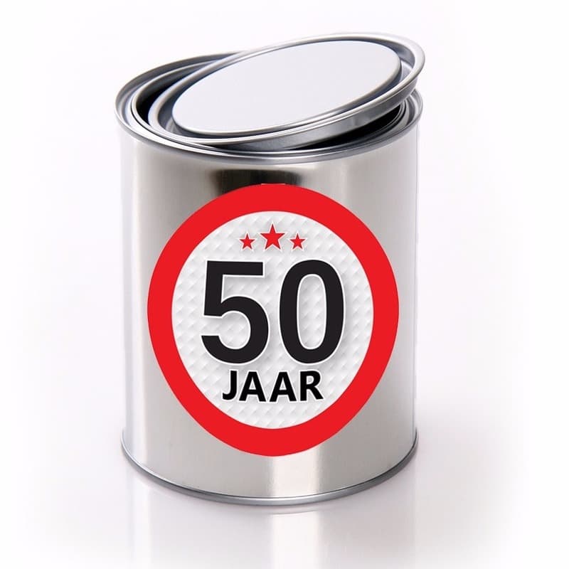 Cadeauverpakking Conservenblik - Leeftijd 50 jaar - metaal, - met sticker - verjaardag - inblikken