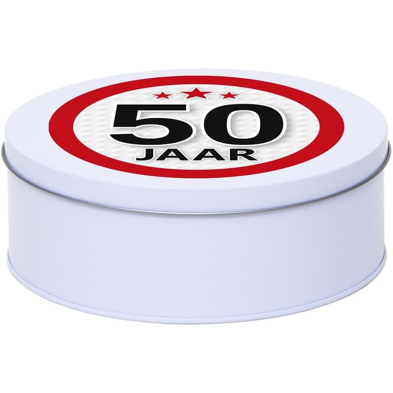 Leeftijd Snoeptrommel - koektrommel Cadeau - wit - rond blik - met 50 jaar sticker