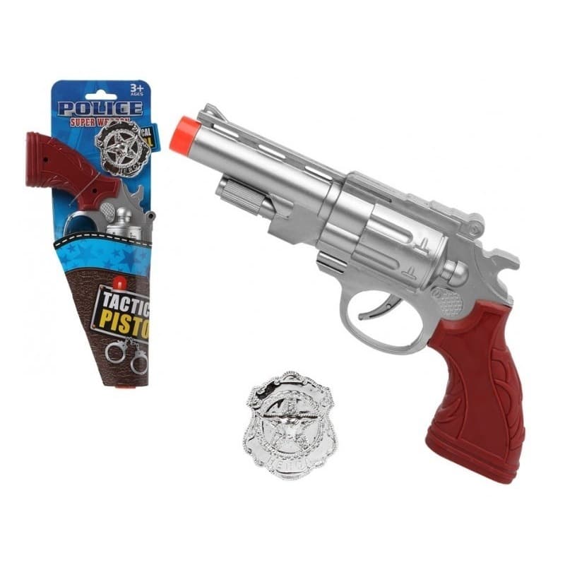 Politie speelgoed pistool - 27 cm - speelgoed verkleed pistool - zilver - met badge - kunststof