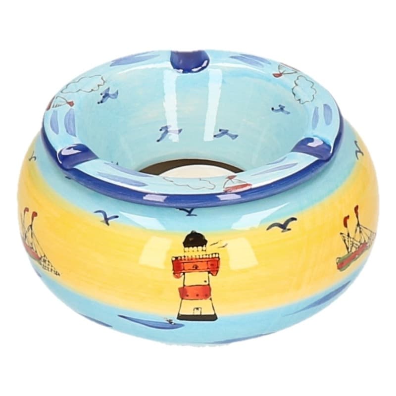 Ronde terras asbak/stormasbak maritiem thema - keramiek - 14 x 7 cm