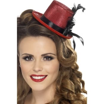 Smiffys Mini hoge hoed - rood - glitter - veer - carnaval