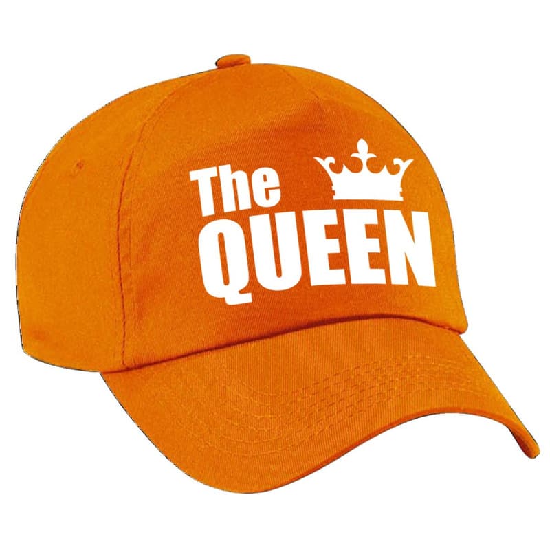 The Queen petje - baseballcap - oranje - met witte letters en kroontje - voor dames - Koningsdag
