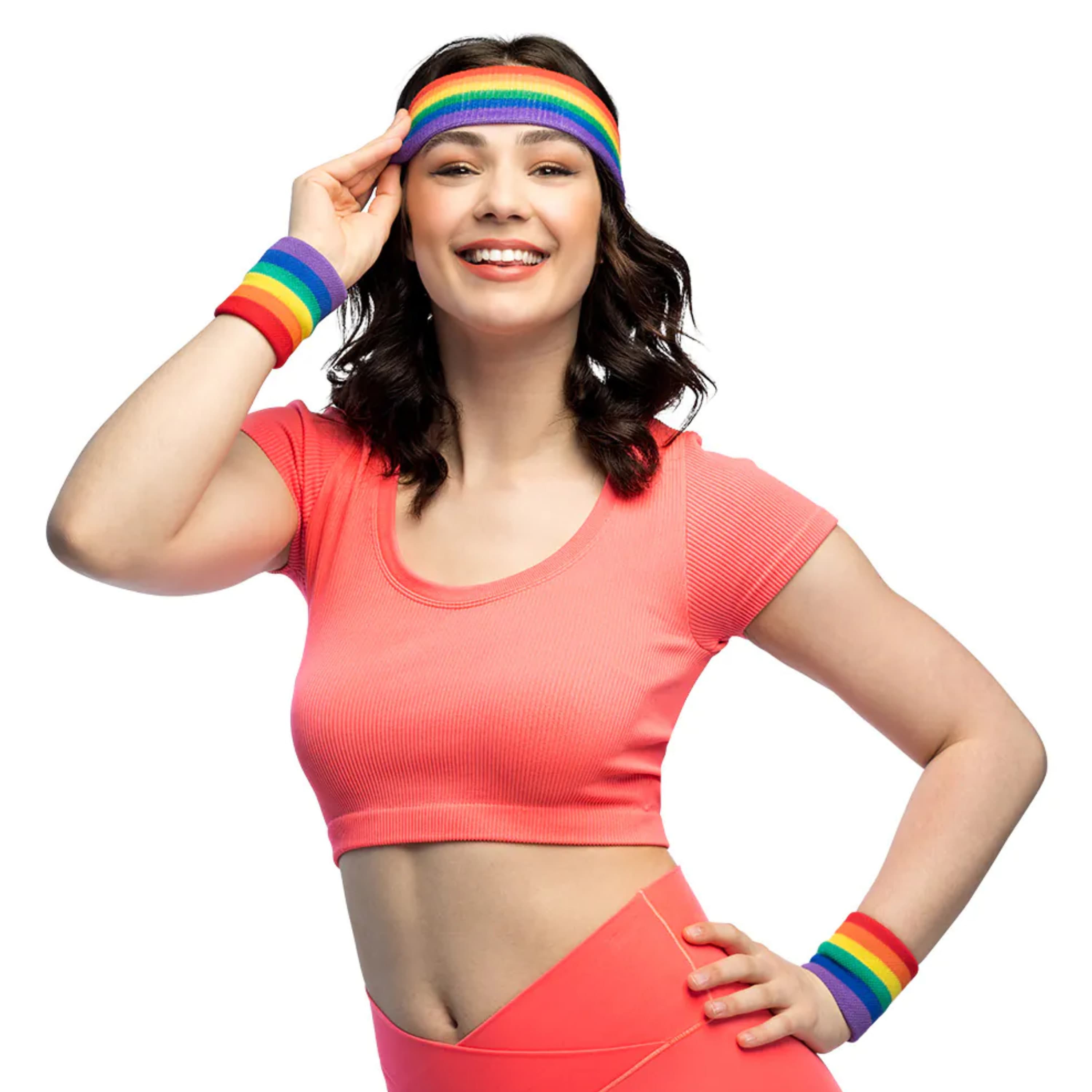 Zweetbandjes set van 3 stuks - regenboog - Hoofdband en polsbandjes - Eighties - Pride