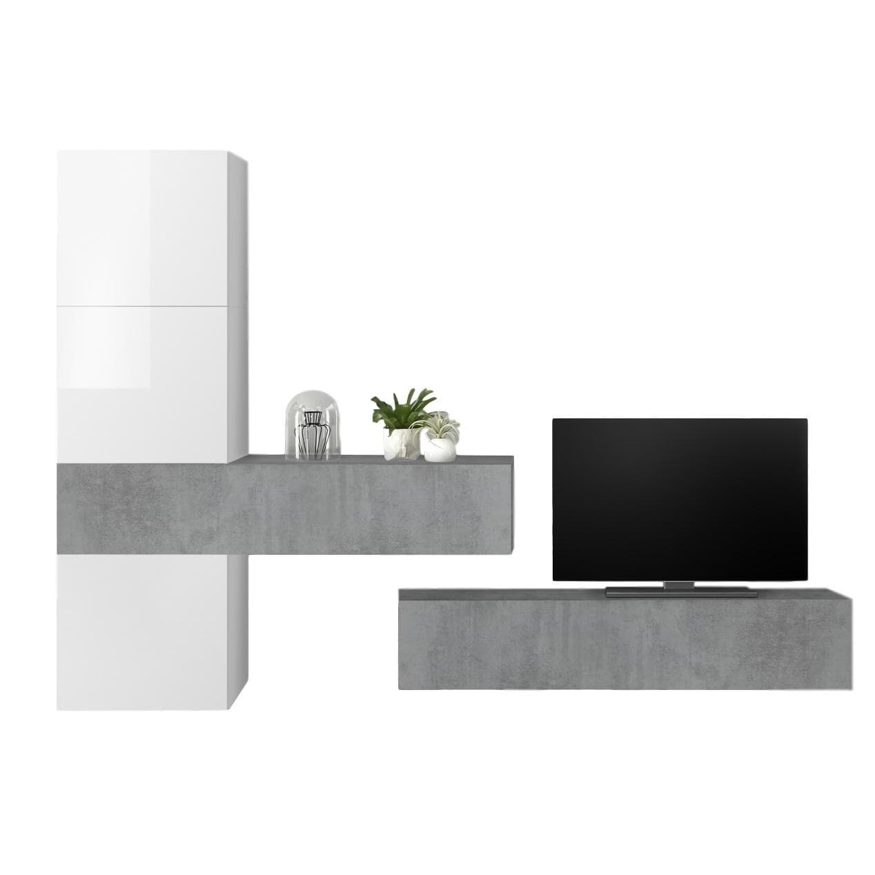 TV-wandmeubel Bruno in hoogglans wit met grijs beton