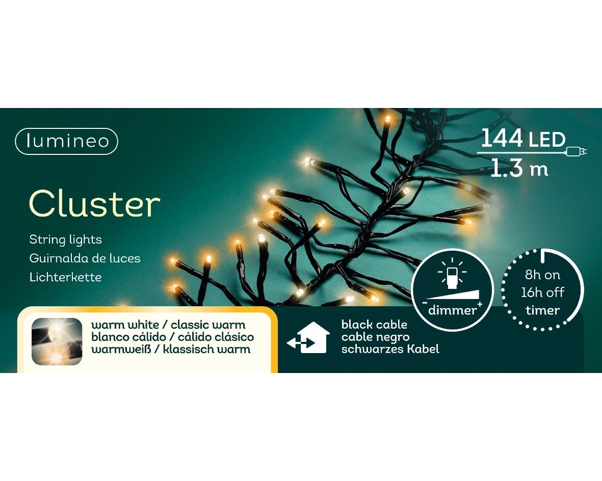 Lumineo cluster kerstverlichting | 144 LED | 1.3 meter | warm wit en klassiek warm