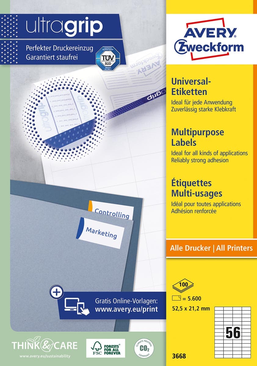 Avery Zweckform 3668, Universele etiketten, Ultragrip, wit, 100 vel, 56 per vel, 52,5 x 21,2 mm