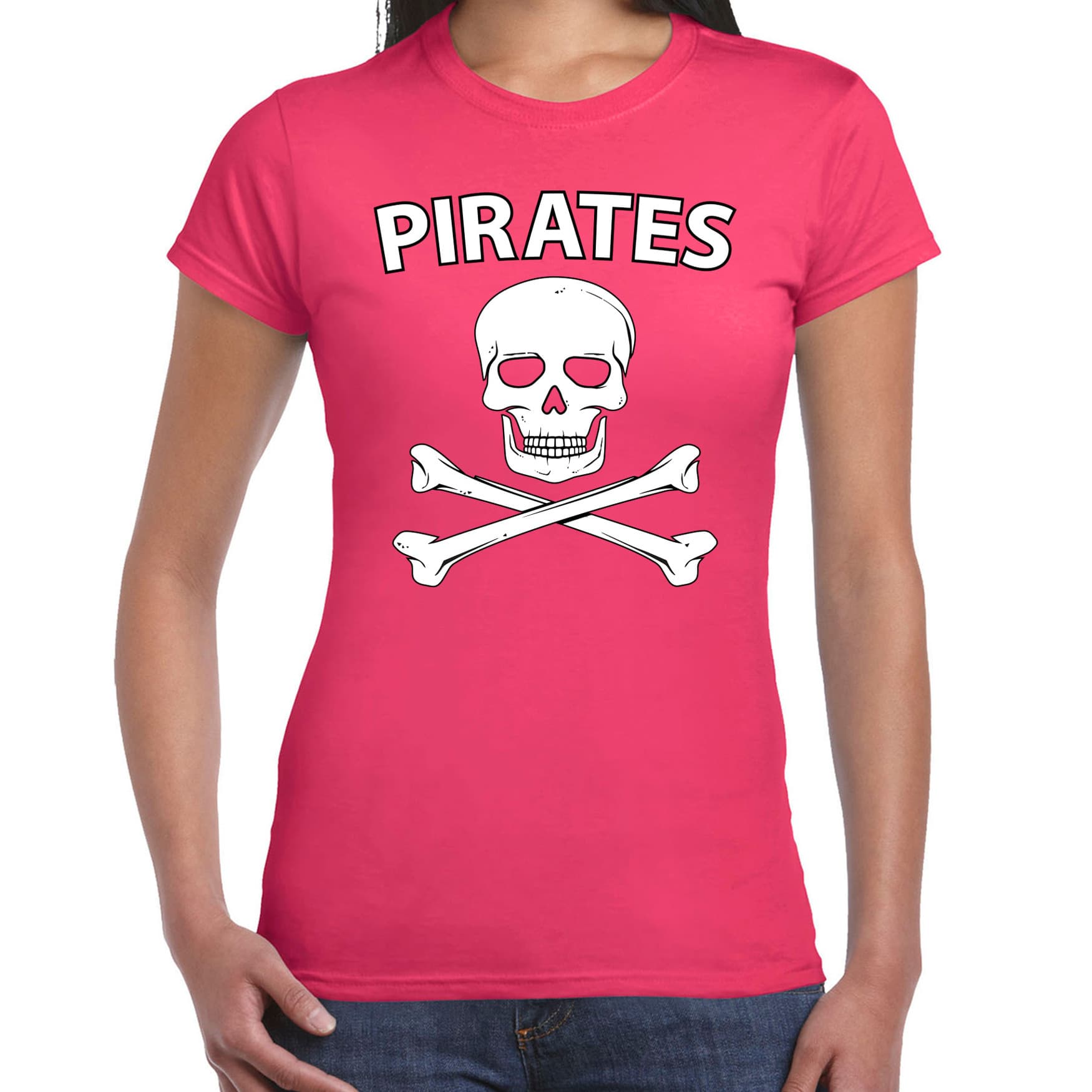 Fout piraten shirt / foute party verkleed shirt roze dames - Foute party piraten kostuum - Verkleedkleding